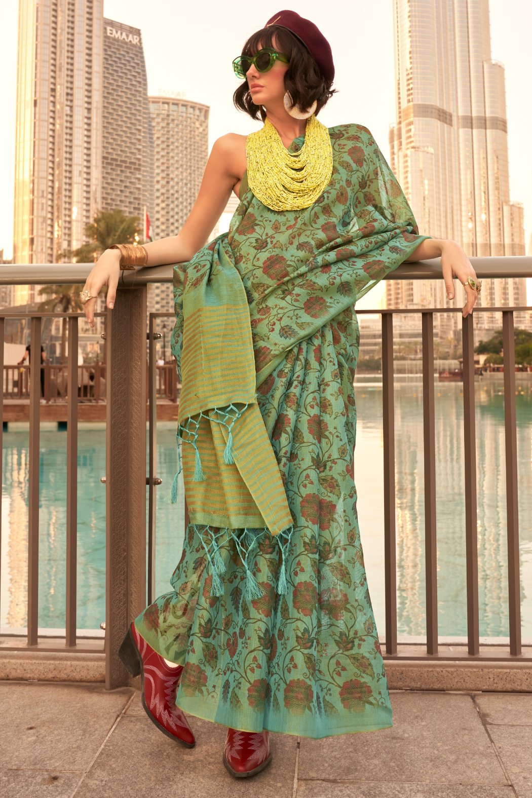 Vsaree Green Printed Tissue Banarasi Silk Saree With Blouse for Women