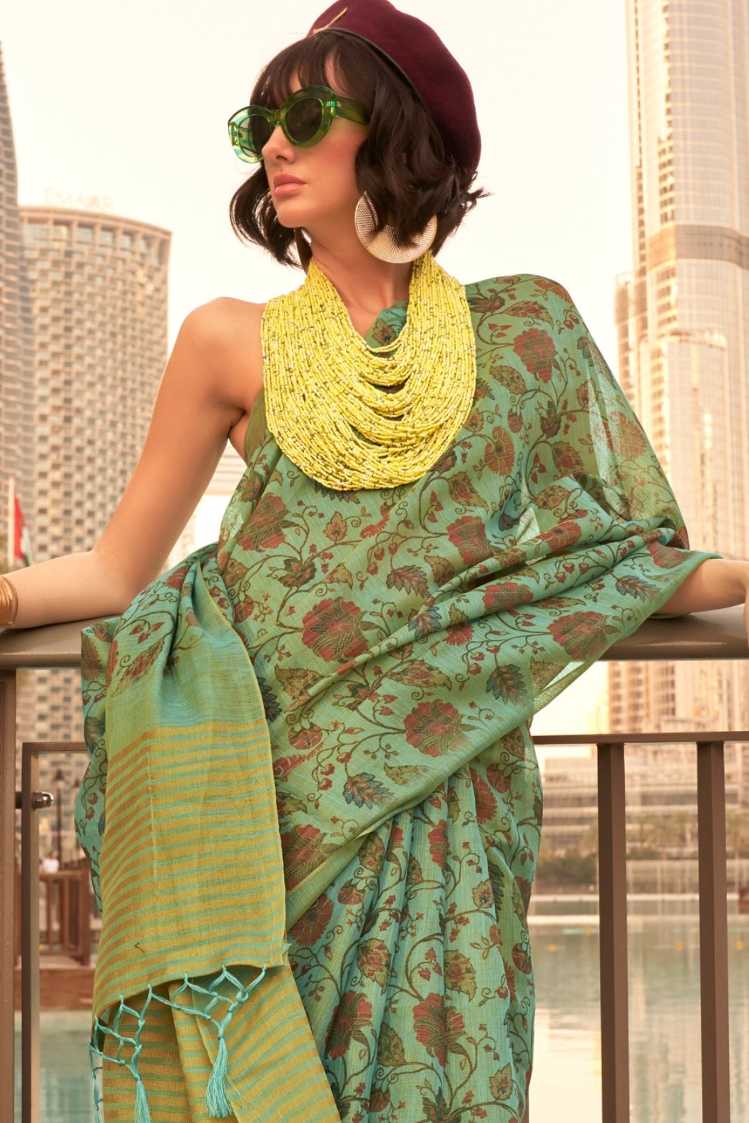 Vsaree Green Printed Tissue Banarasi Silk Saree With Blouse for Women