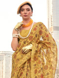 Vsaree Yellow Printed Tissue Banarasi Silk Saree With Blouse for Women