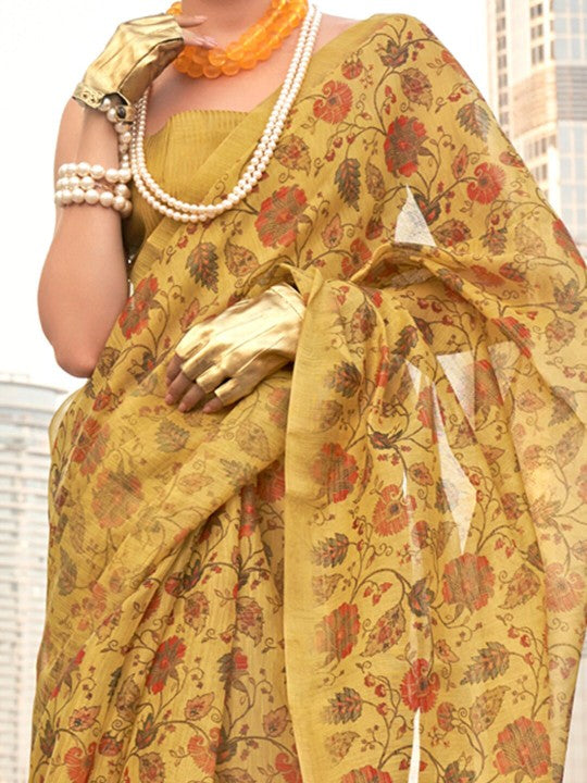 Vsaree Yellow Printed Tissue Banarasi Silk Saree With Blouse for Women