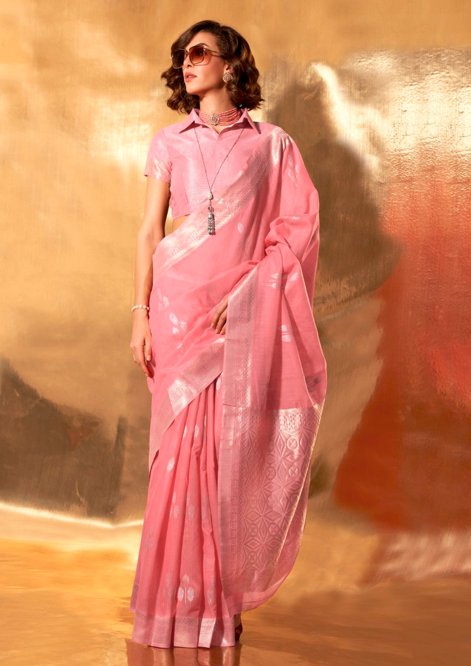 Vsaree Pink Banarasi Silk Designer Saree With Banarasi Border And Blouse