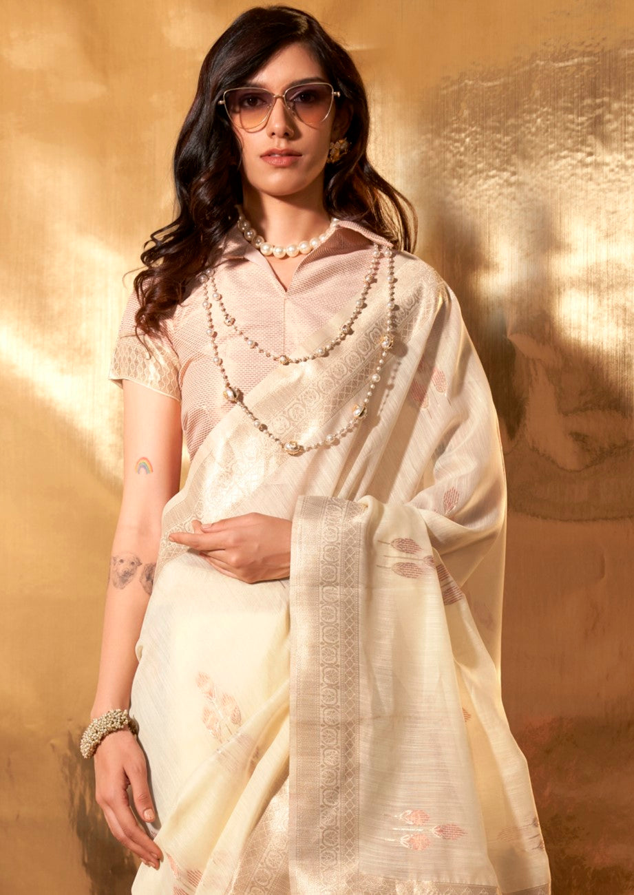 Vsaree Cream Banarasi Silk Designer Saree With Banarasi Border And Blouse