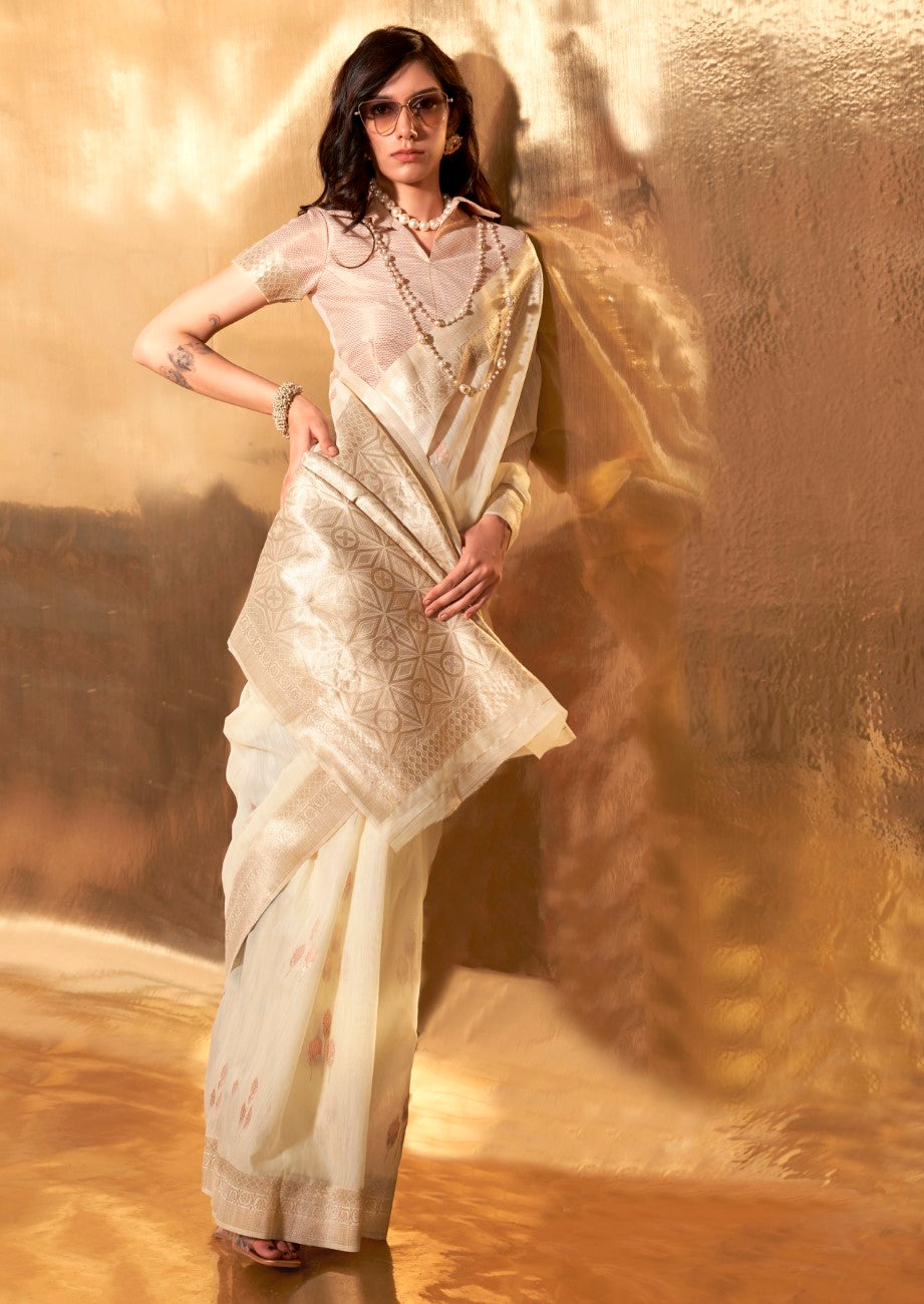 Vsaree Cream Banarasi Silk Designer Saree With Banarasi Border And Blouse