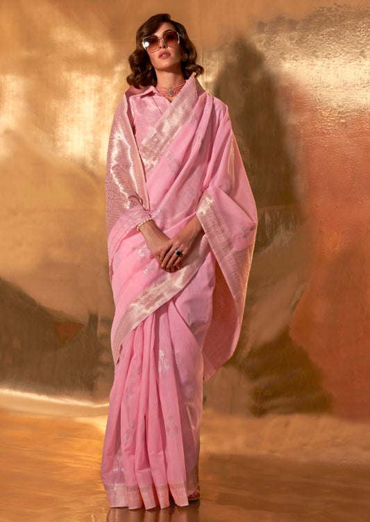 Vsaree Light Pink Banarasi Silk Designer Saree With Banarasi Border And Blouse