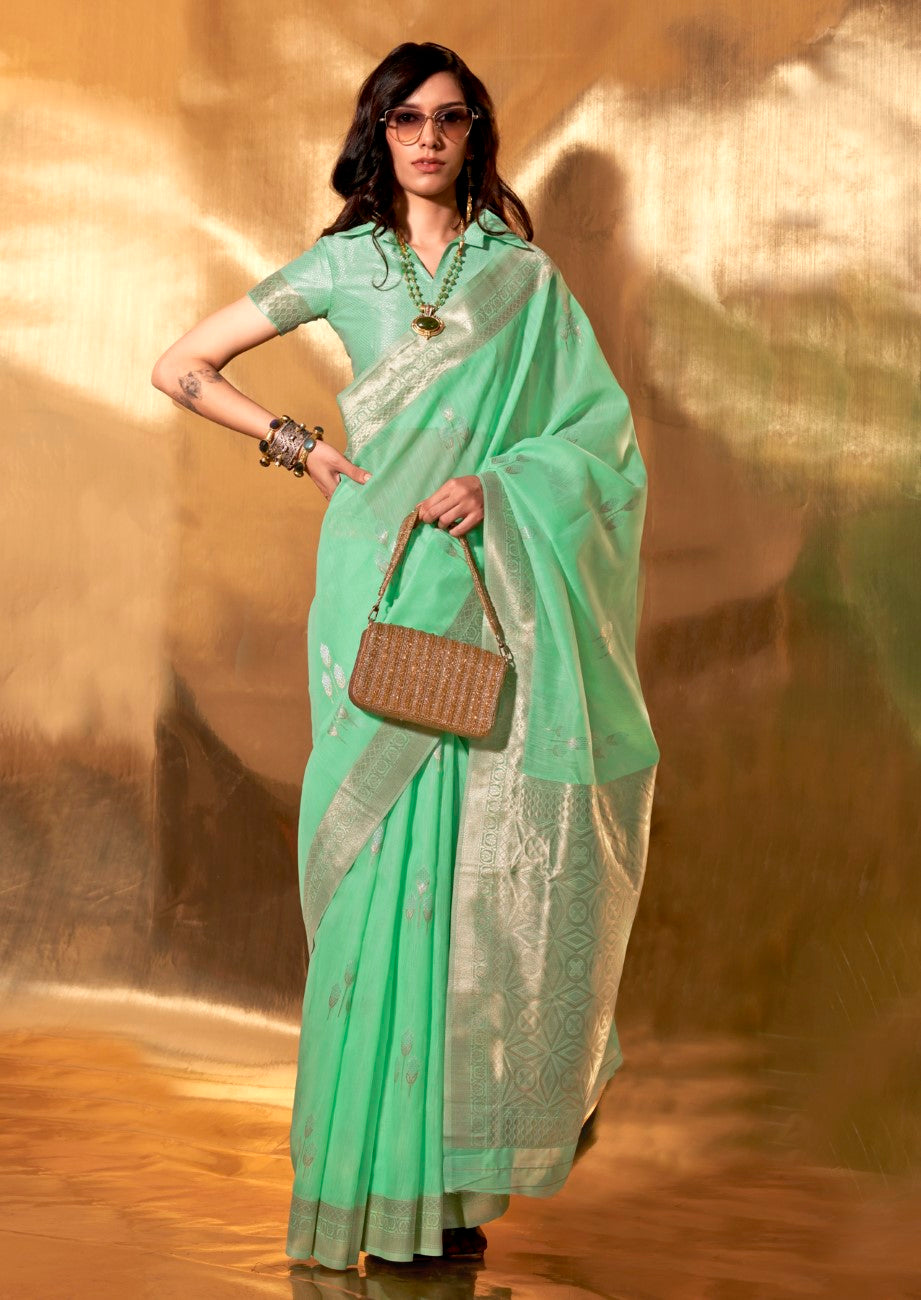 Vsaree Sea Green Banarasi Silk Designer Saree With Banarasi Border And Blouse