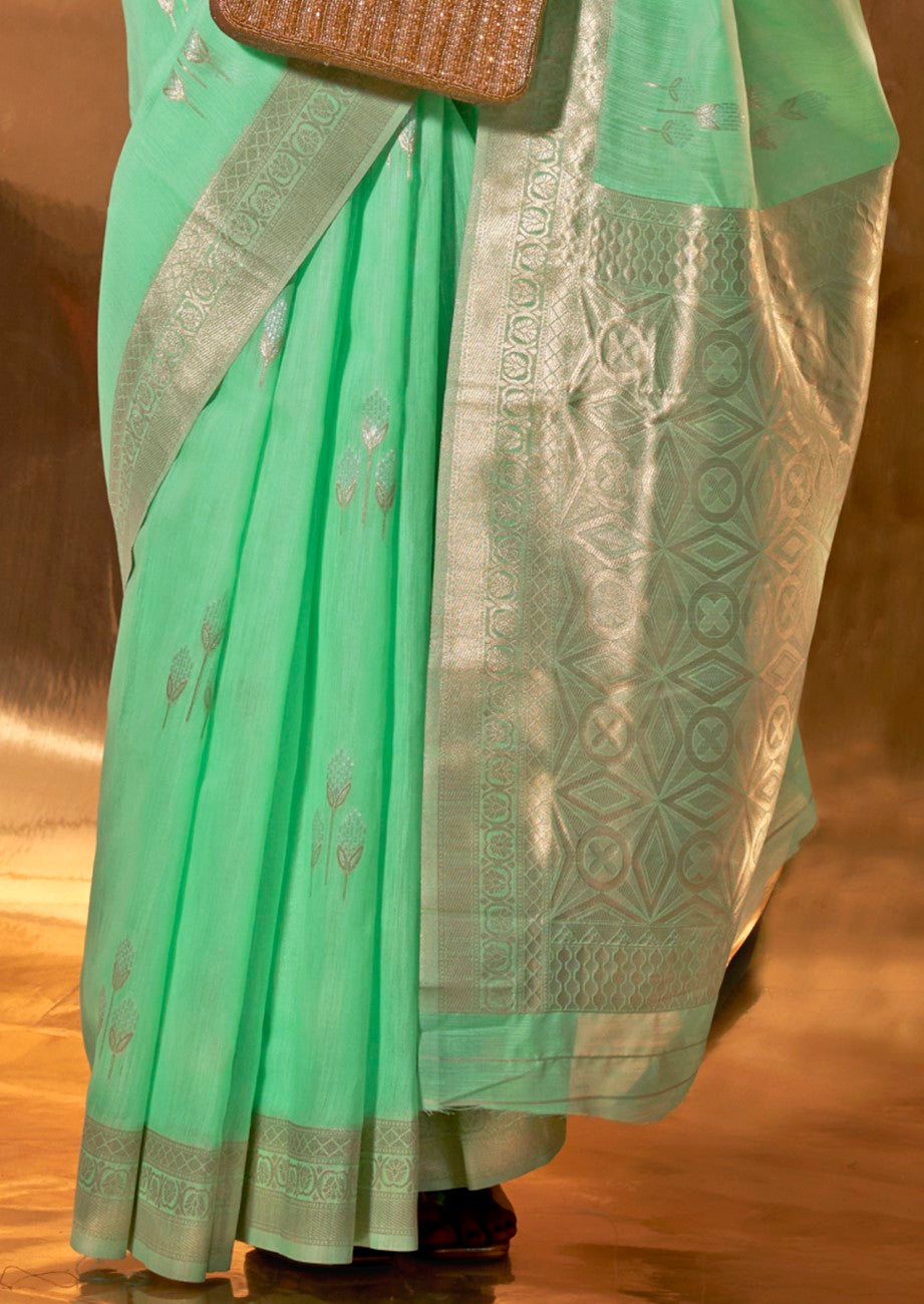 Vsaree Sea Green Banarasi Silk Designer Saree With Banarasi Border And Blouse