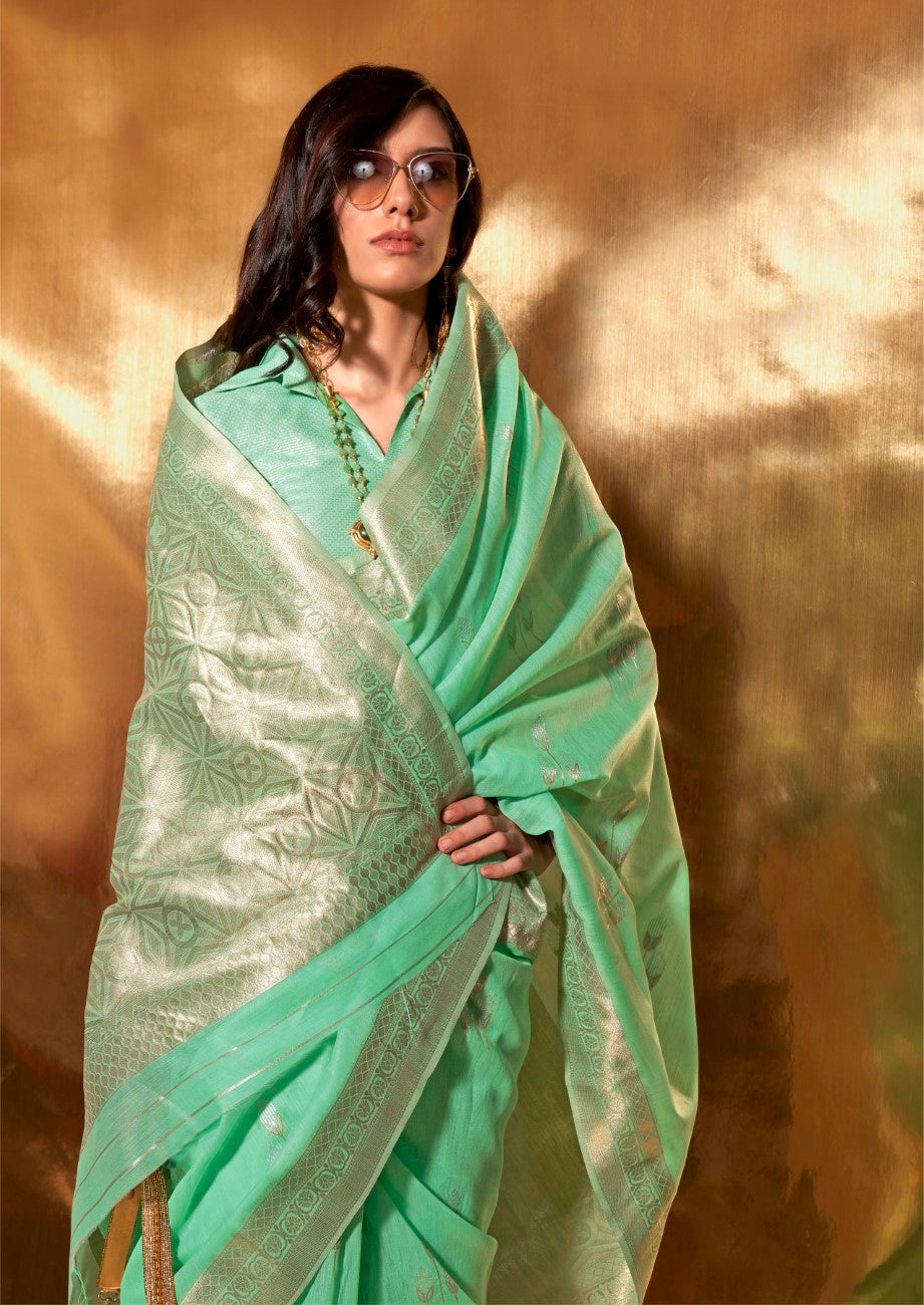 Vsaree Sea Green Banarasi Silk Designer Saree With Banarasi Border And Blouse