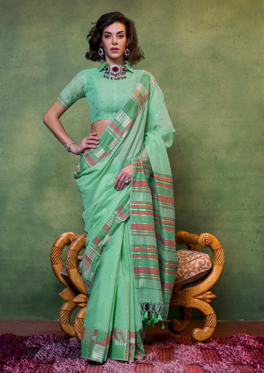 Vsaree Sea Green Banarasi Silk Designer Saree With Banarasi Border And Blouse