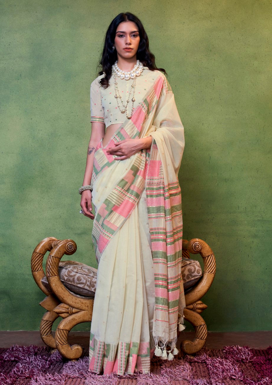 Vsaree Off White Banarasi Silk Designer Saree With Banarasi Border And Blouse