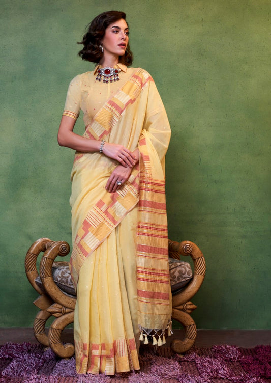 Vsaree Yellow Banarasi Silk Designer Saree With Banarasi Border And Blouse