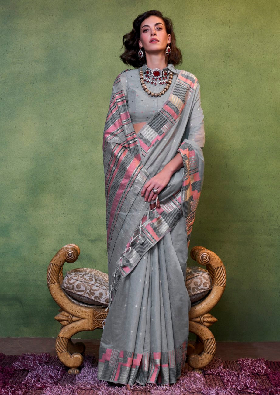 Vsaree Grey Banarasi Silk Designer Saree With Banarasi Border And Blouse