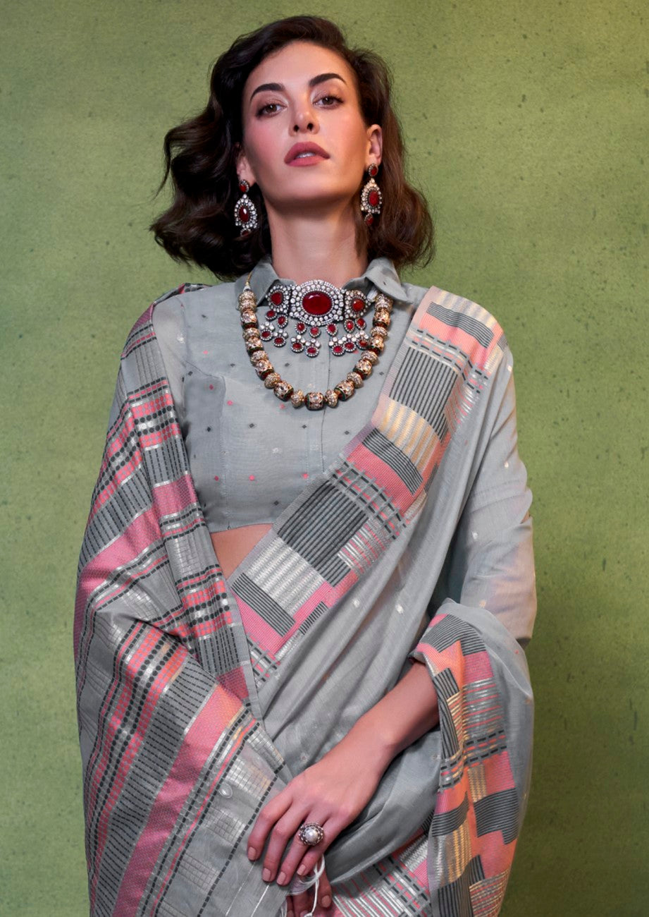 Vsaree Grey Banarasi Silk Designer Saree With Banarasi Border And Blouse