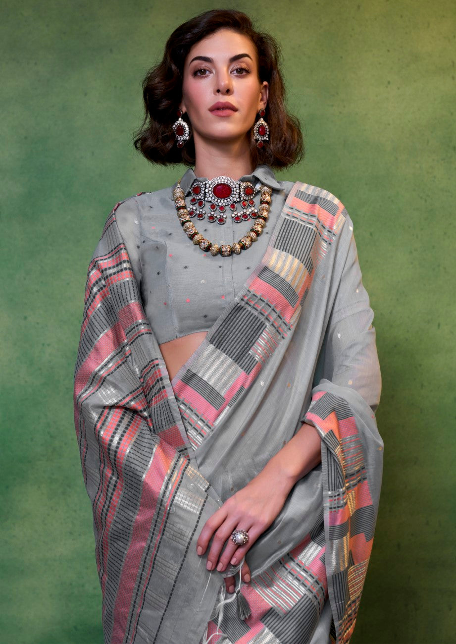 Vsaree Grey Banarasi Silk Designer Saree With Banarasi Border And Blouse