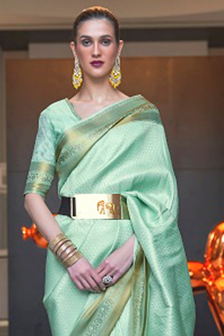 Vsaree Sea Green Kanjivaram Silk And Zari weaving Saree With Designer Border And Blouse