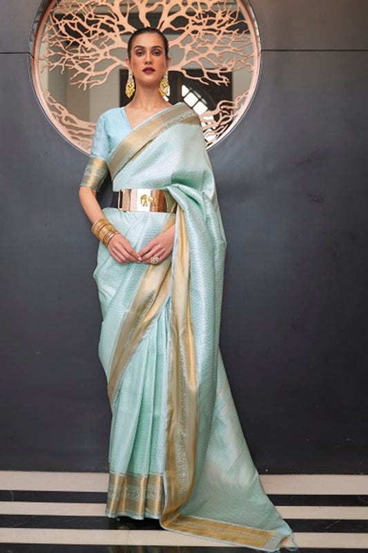 Vsaree Sky Blue Kanjivaram Silk And Zari weaving Saree With Designer Border And Blouse