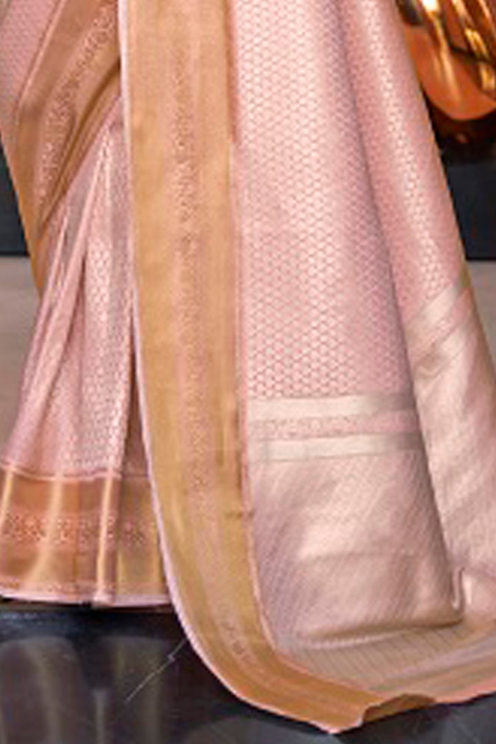 Vsaree Peach Kanjivaram Silk And Zari weaving Saree With Designer Border And Blouse