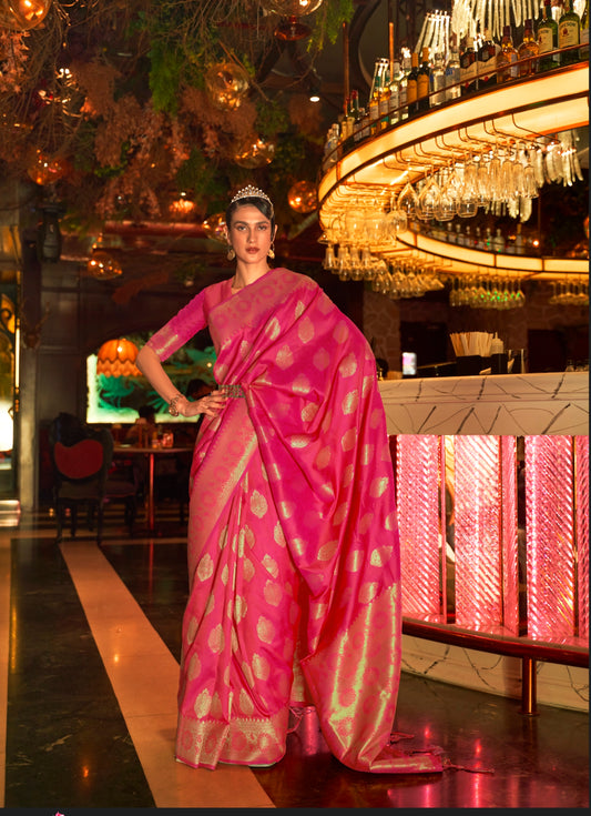 Vsaree Pink Banarasi Silk Designer Saree With Banarasi Border And Blouse