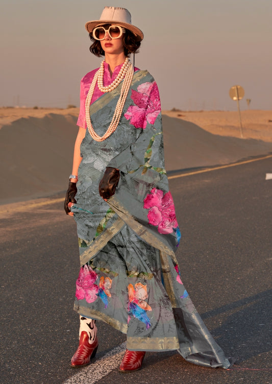 Vsaree Grey Banarasi Silk Designer Saree With Banarasi Border And Blouse