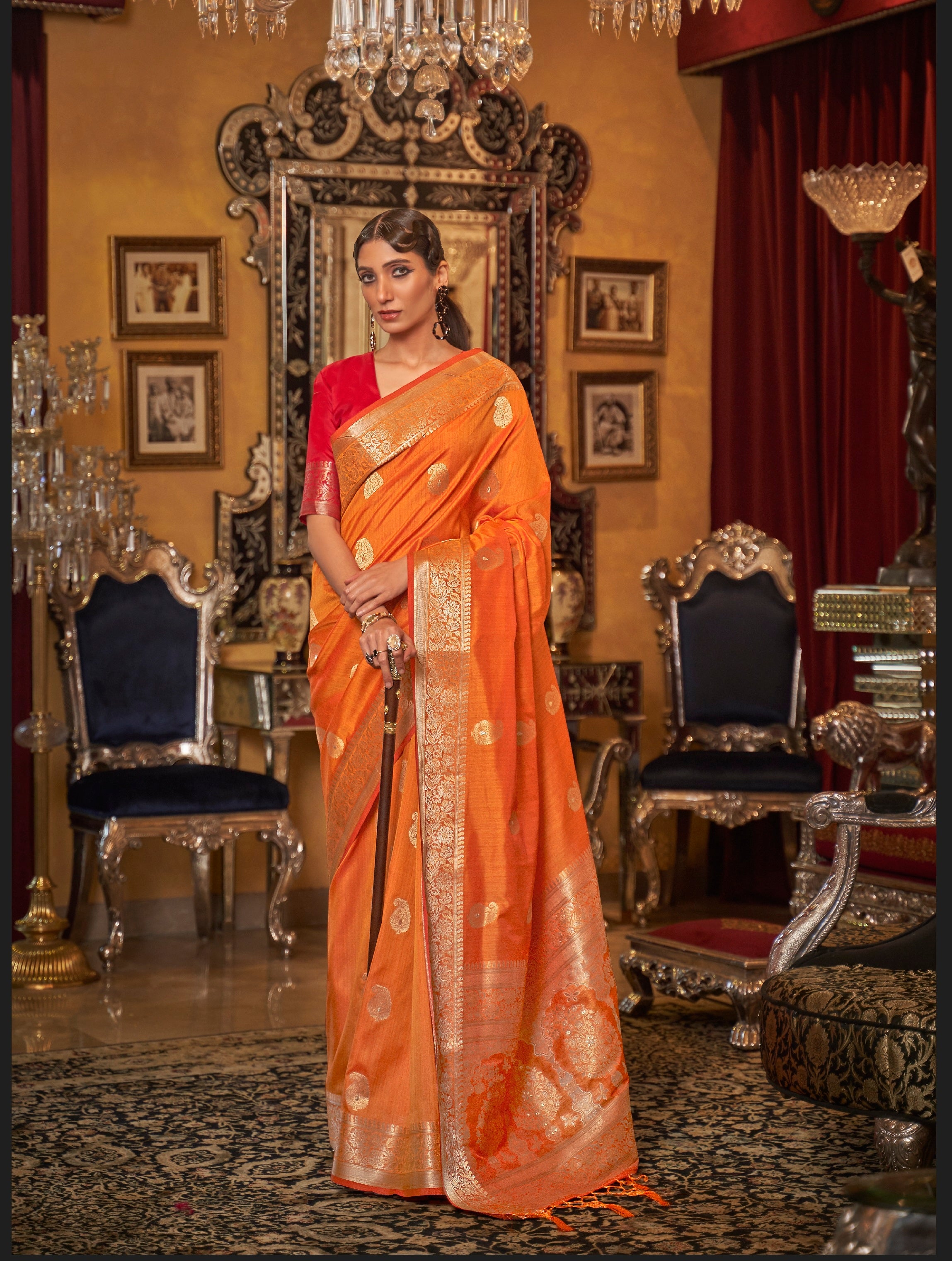 Vsaree Kanjivaram Tussar Silk Designer Saree With Banarasi Zari Weaving Border And Blouse