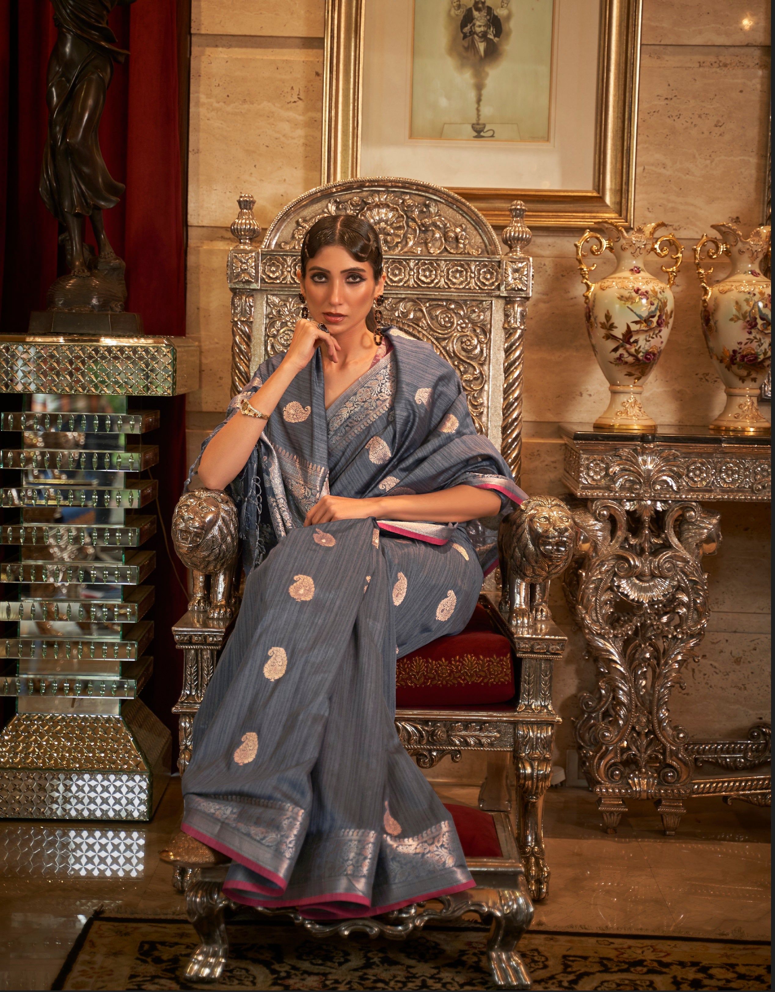 Vsaree Kanjivaram Tussar Silk Designer Saree With Banarasi Zari Weaving Border And Blouse