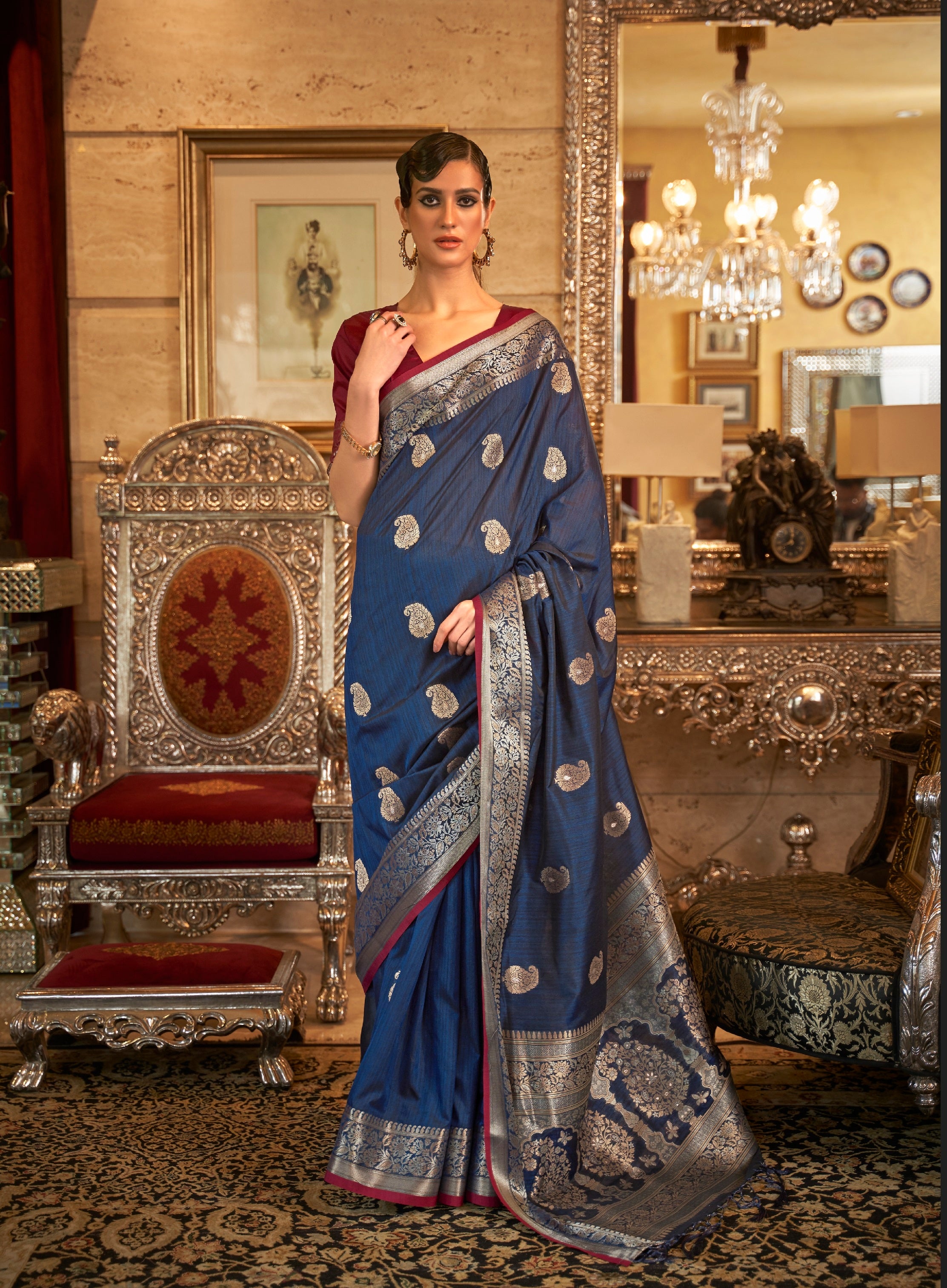 Vsaree Kanjivaram Tussar Silk Designer Saree With Banarasi Zari Weaving Border And Blouse