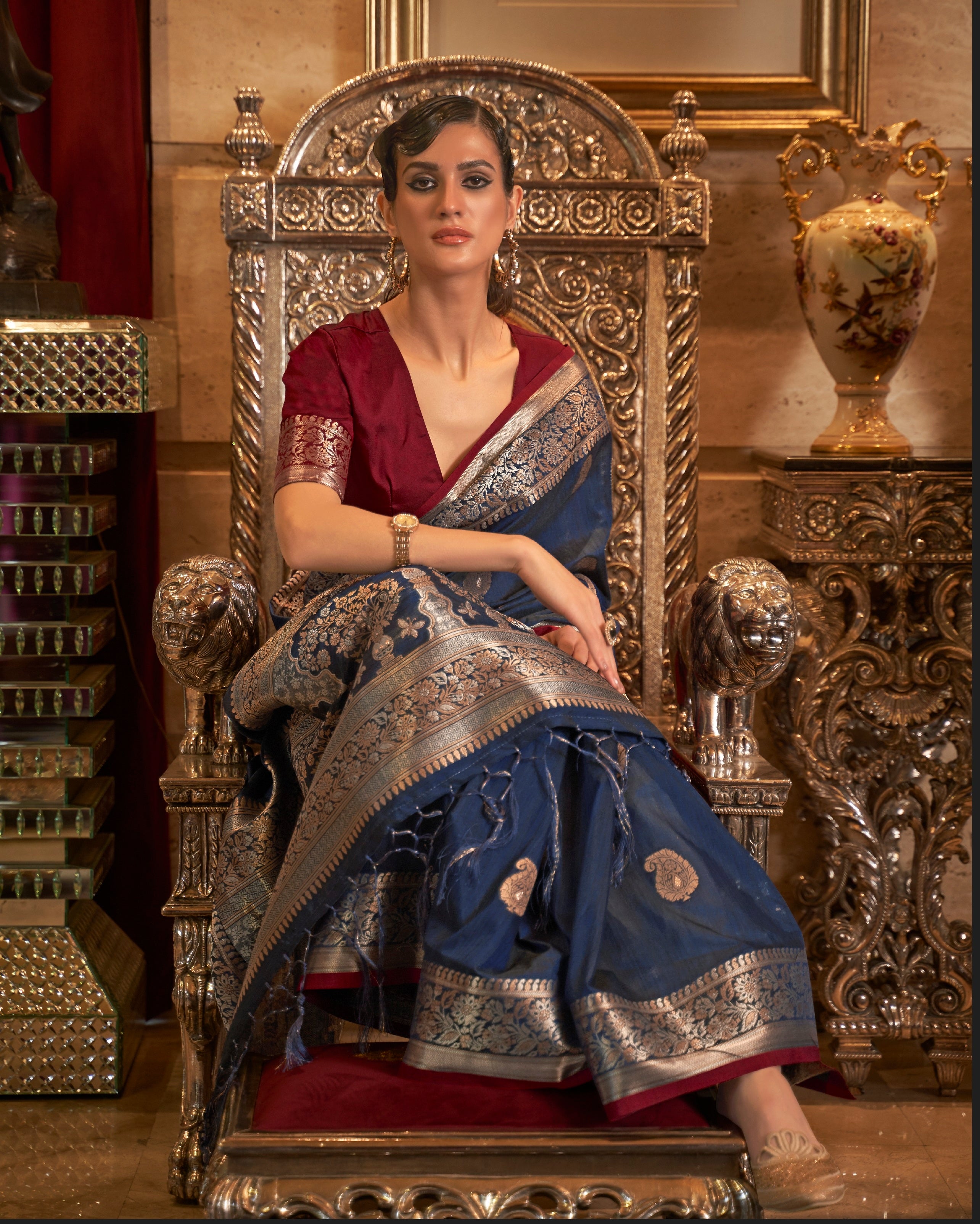 Vsaree Kanjivaram Tussar Silk Designer Saree With Banarasi Zari Weaving Border And Blouse