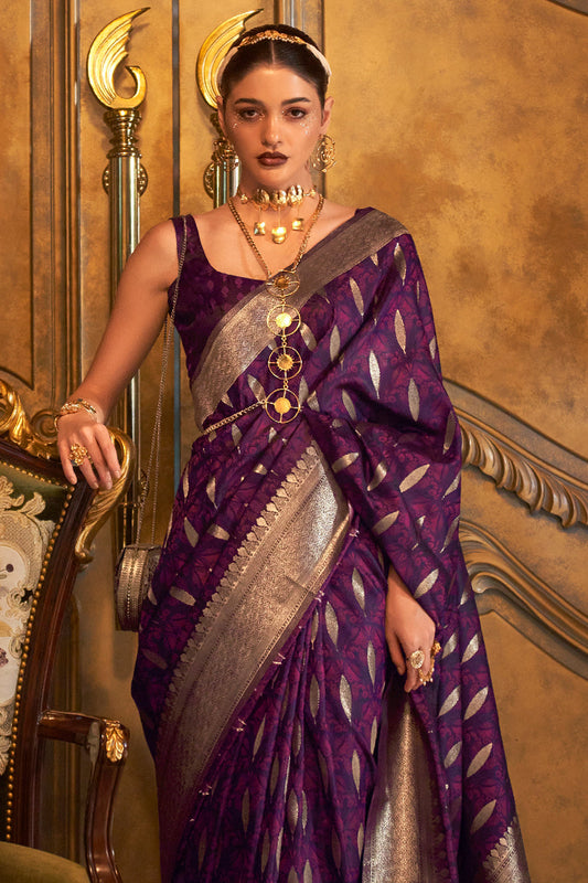 Vsaree Purple Banarasi Soft Satin Silk Zari Weaving Border And Woven Pallu Saree With Blouse For Women