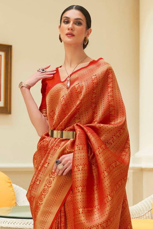 Vsaree Red Kanjivaram Silk And Zari weaving Saree With Designer Border And Blouse