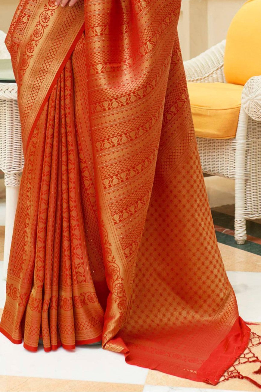 Vsaree Red Kanjivaram Silk And Zari weaving Saree With Designer Border And Blouse