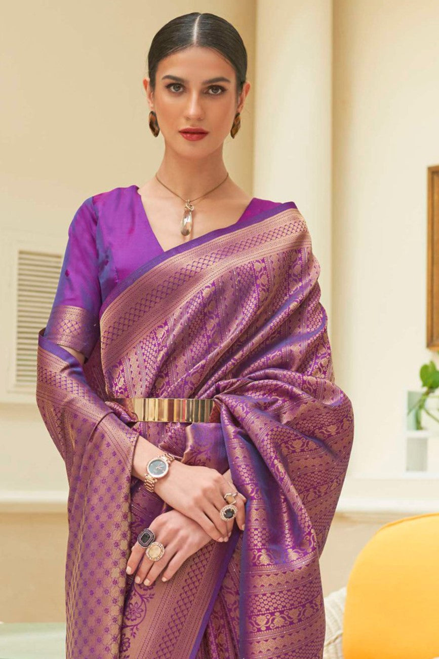 Vsaree Purple Kanjivaram Silk And Zari weaving Saree With Designer Border And Blouse