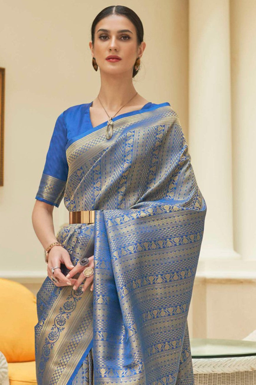 Vsaree Blue Kanjivaram Silk And Zari weaving Saree With Designer Border And Blouse