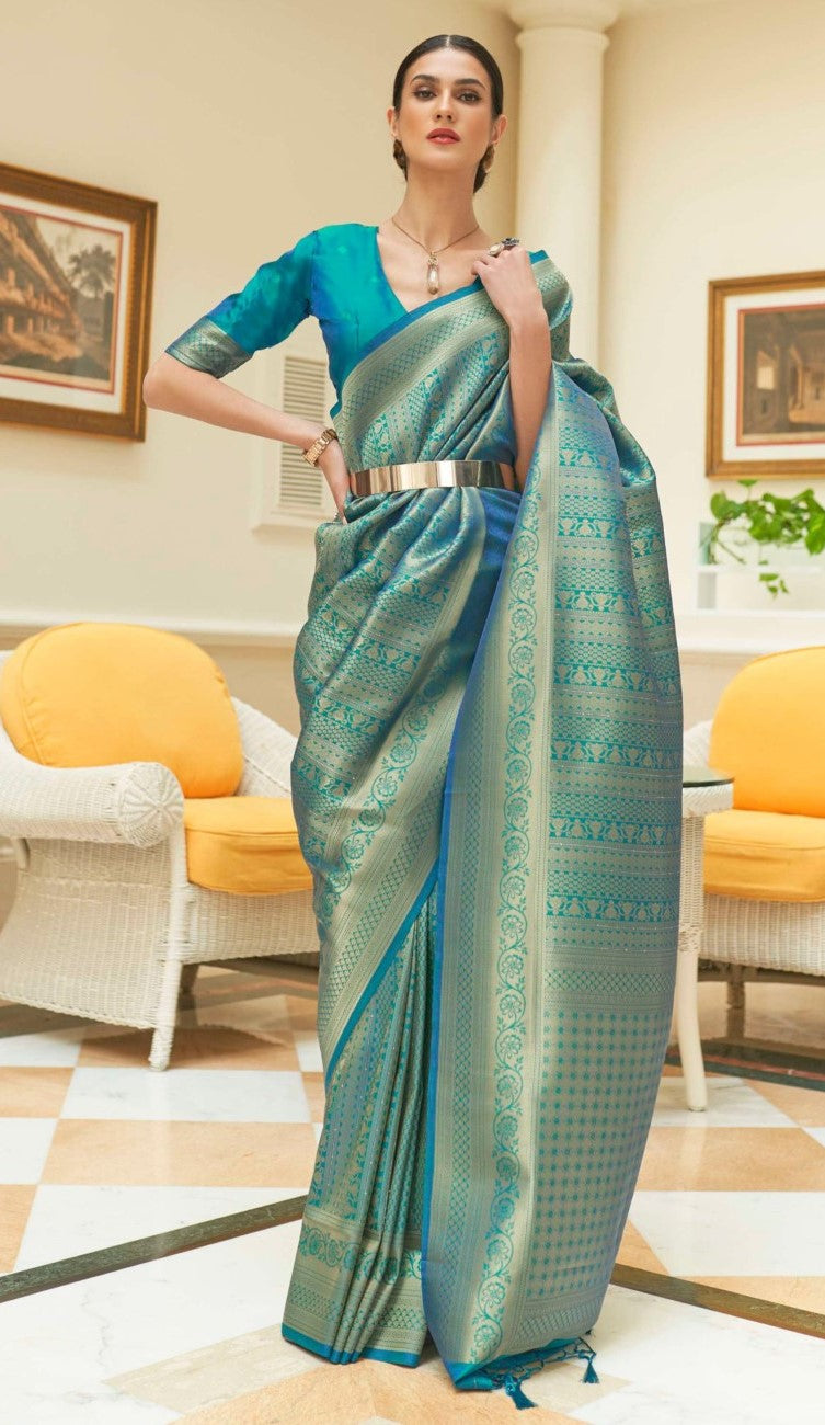 Vsaree Dark Teal Kanjivaram Silk And Zari weaving Saree With Designer Border And Blouse