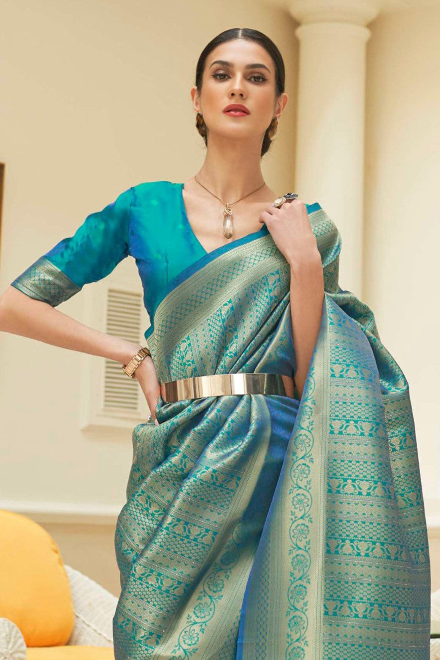 Vsaree Dark Teal Kanjivaram Silk And Zari weaving Saree With Designer Border And Blouse