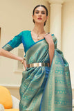 Vsaree Dark Teal Kanjivaram Silk And Zari weaving Saree With Designer Border And Blouse