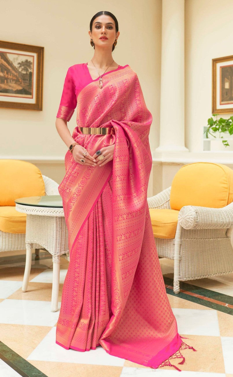 Vsaree Pink Kanjivaram Silk And Zari weaving Saree With Designer Border And Blouse