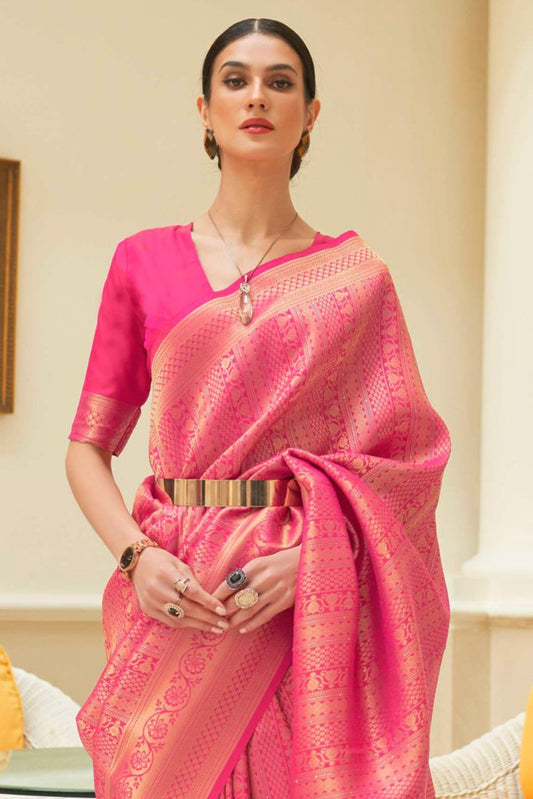 Vsaree Pink Kanjivaram Silk And Zari weaving Saree With Designer Border And Blouse