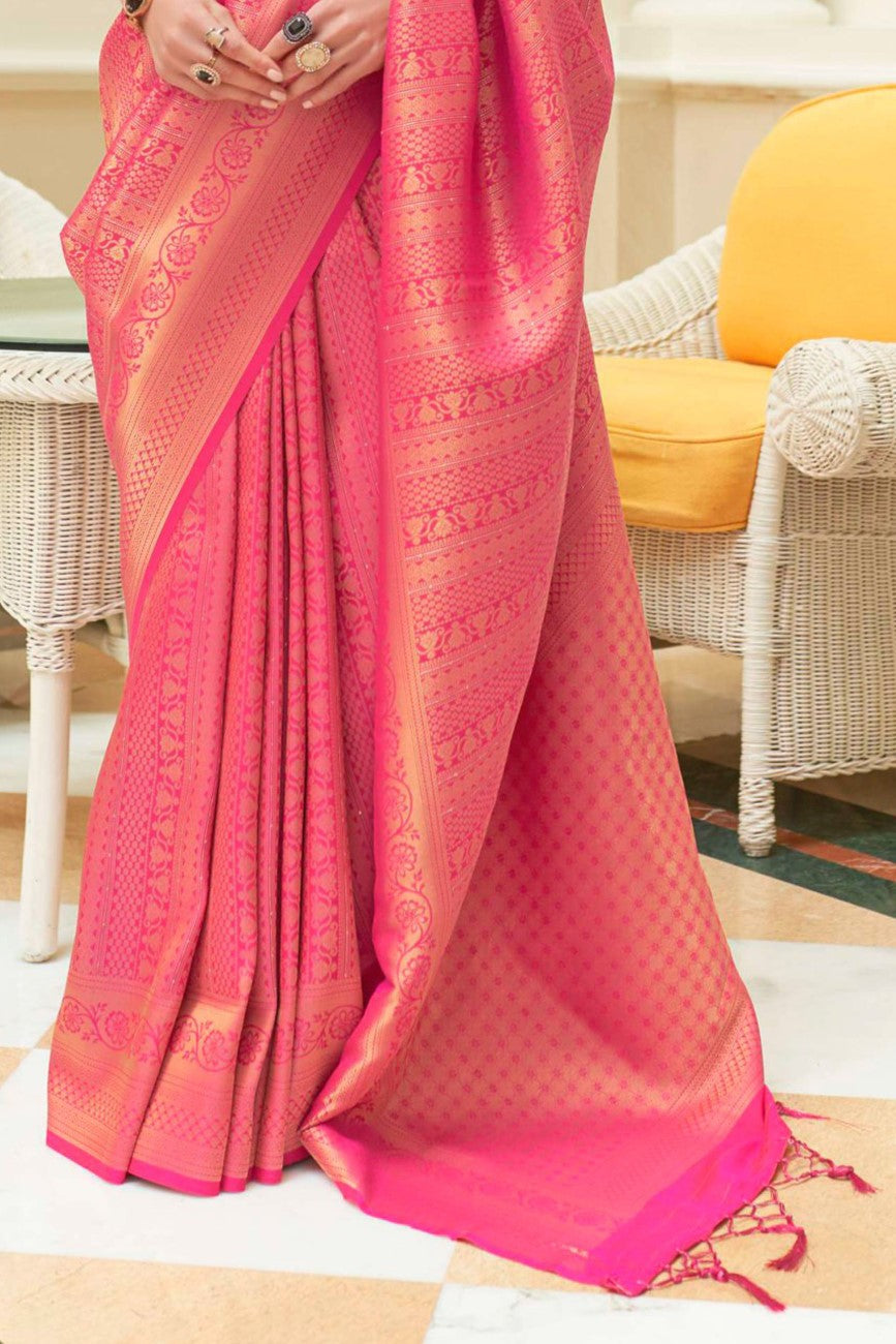 Vsaree Pink Kanjivaram Silk And Zari weaving Saree With Designer Border And Blouse