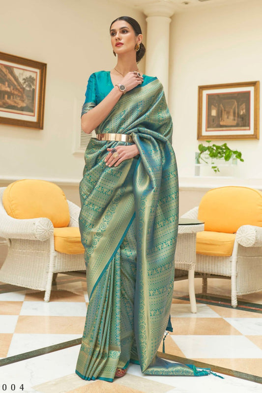 Vsaree Teal Kanjivaram Silk And Zari weaving Saree With Designer Border And Blouse