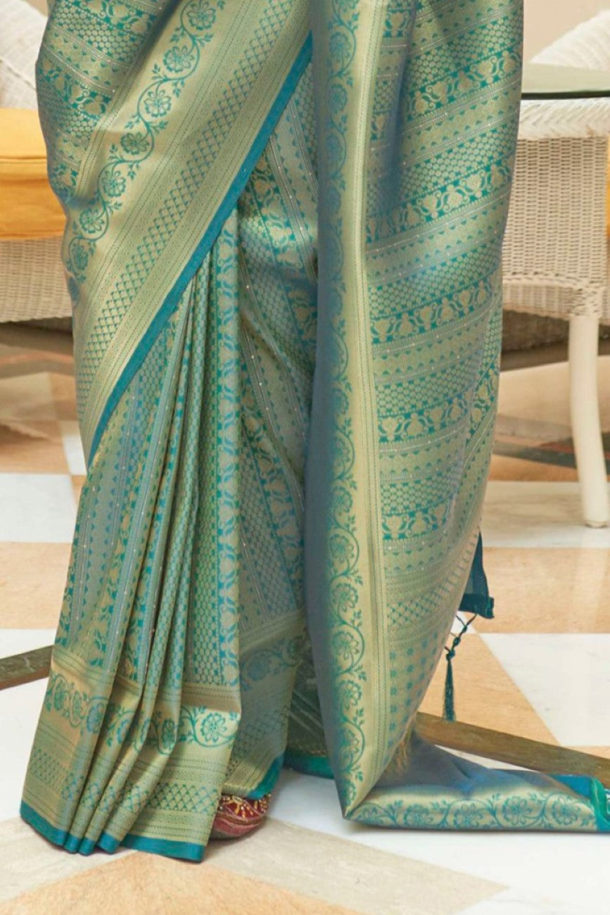 Vsaree Teal Kanjivaram Silk And Zari weaving Saree With Designer Border And Blouse