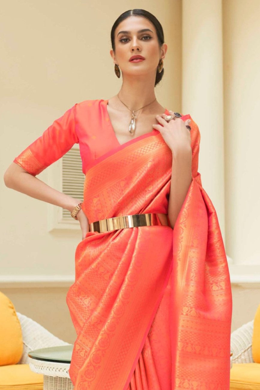 Vsaree Orange Kanjivaram Silk And Zari weaving Saree With Designer Border And Blouse