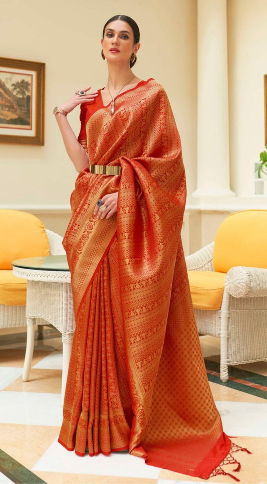 Vsaree Red Kanjivaram Silk And Zari weaving Saree With Designer Border And Blouse