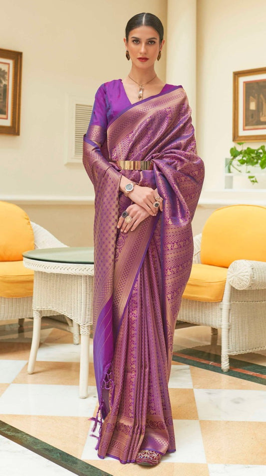 Vsaree Purple Kanjivaram Silk And Zari weaving Saree With Designer Border And Blouse