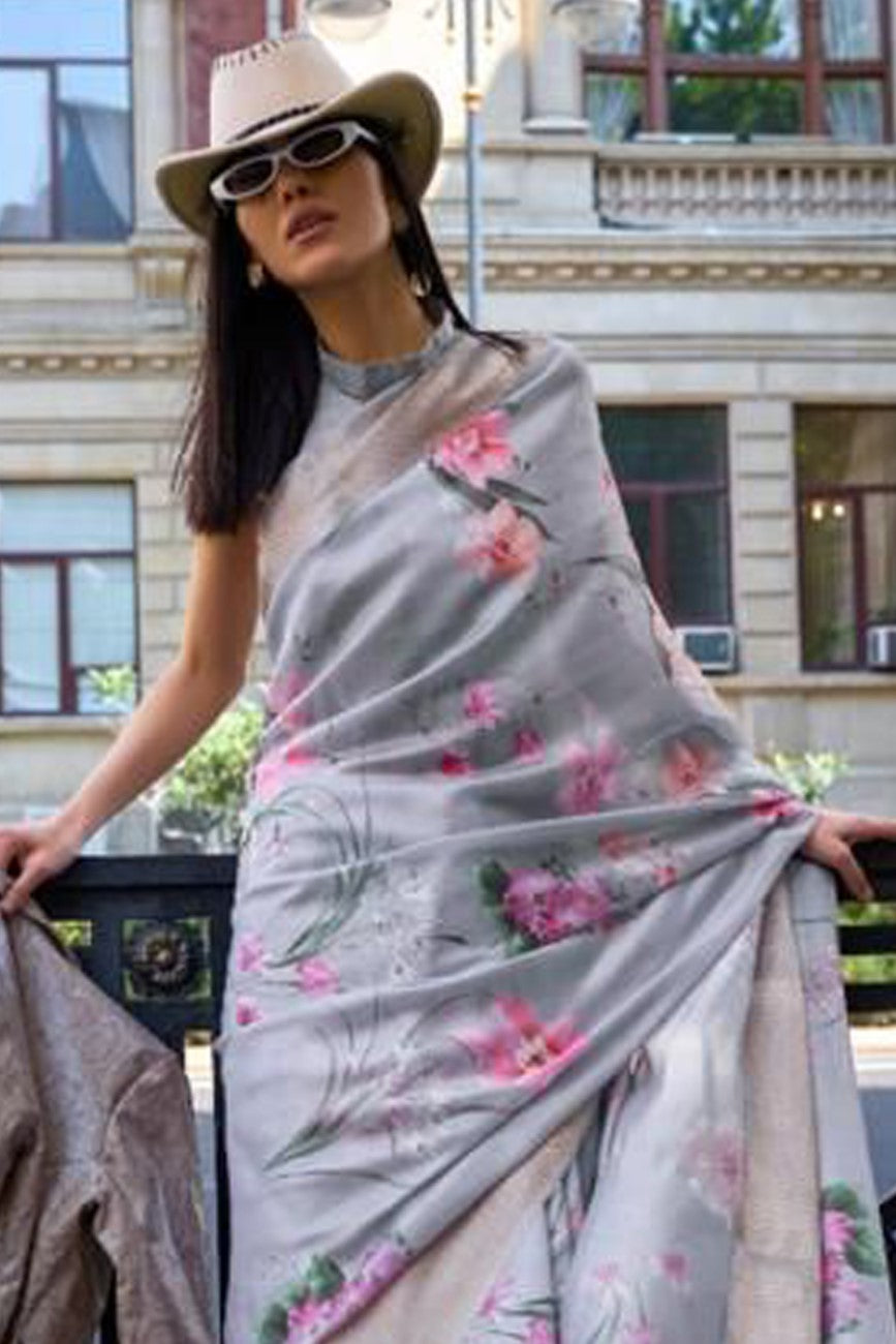 Vsaree Grey Designer Organza Silk Saree With Heavy Rich Pallu And Blouse