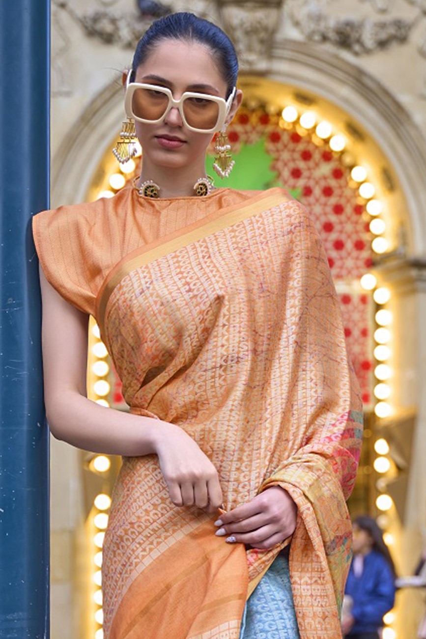 Vsaree Orange Banarasi Silk Designer Saree With Banarasi Border And Blouse