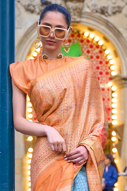 Vsaree Orange Banarasi Silk Designer Saree With Banarasi Border And Blouse