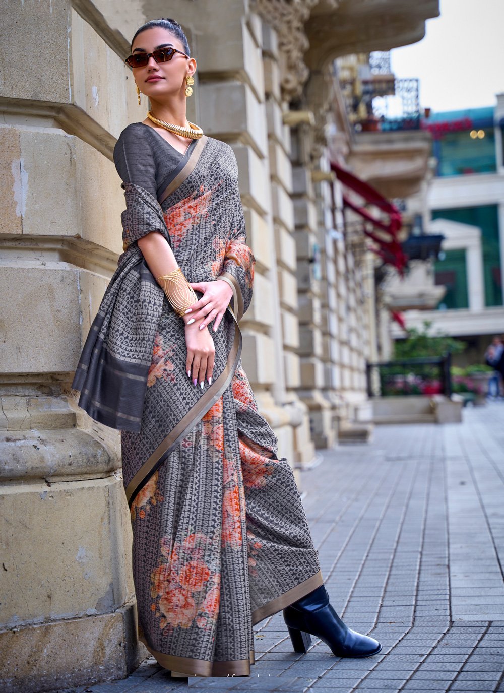 Vsaree Dark Grey Banarasi Silk Designer Saree With Banarasi Border And Blouse