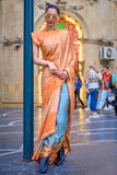 Vsaree Orange Banarasi Silk Designer Saree With Banarasi Border And Blouse