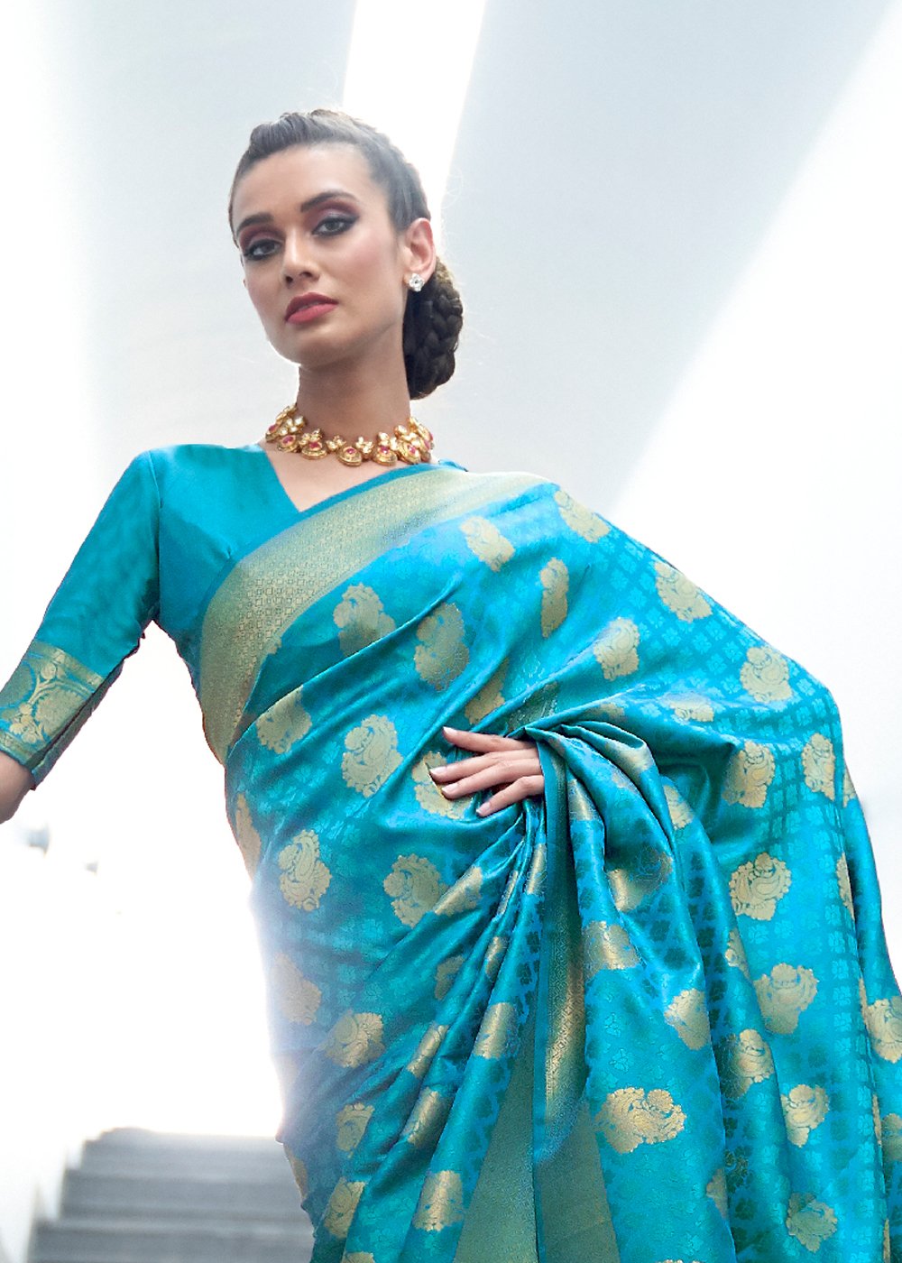 Vsaree Teal Banarasi Silk Designer Saree With Banarasi Border And Blouse