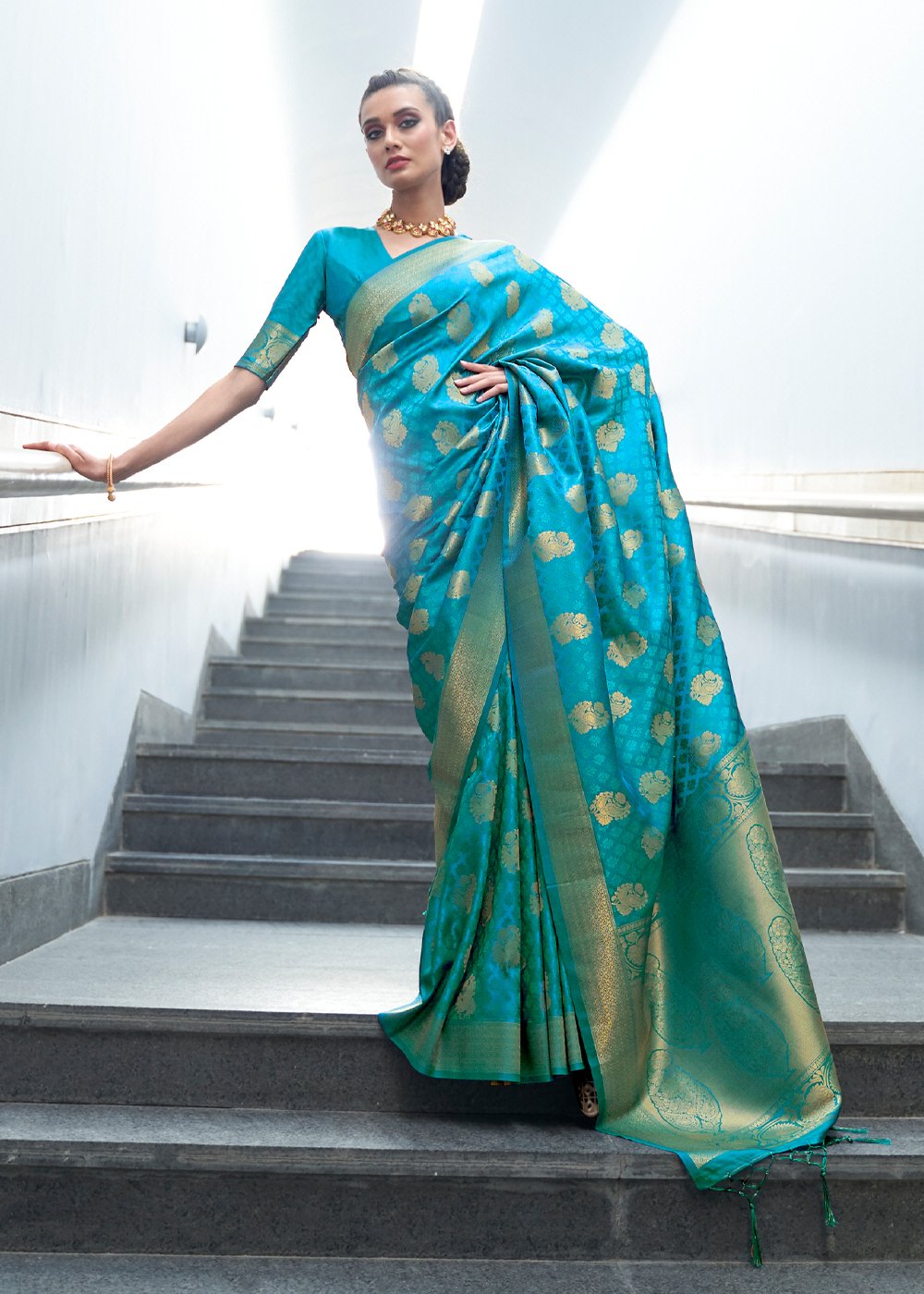 Vsaree Teal Banarasi Silk Designer Saree With Banarasi Border And Blouse