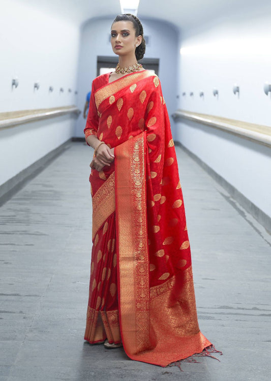 Vsaree Red Banarasi Silk Designer Saree With Banarasi Border And Blouse